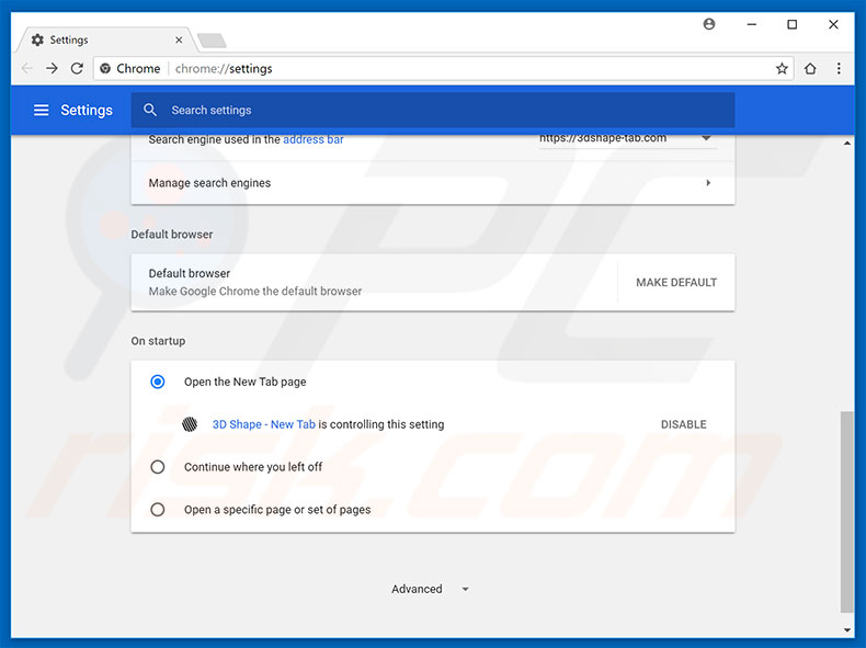 Removing 3dshape-tab.com from Google Chrome homepage
