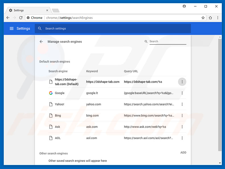 Removing 3dshape-tab.com from Google Chrome default search engine