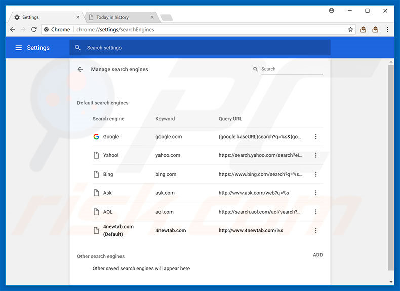 Removing 4newtab.com from Google Chrome default search engine
