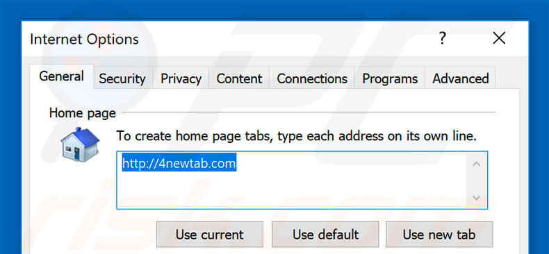 Removing 4newtab.com from Internet Explorer homepage