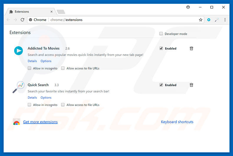 Removing search.addictedtomovies.co related Google Chrome extensions