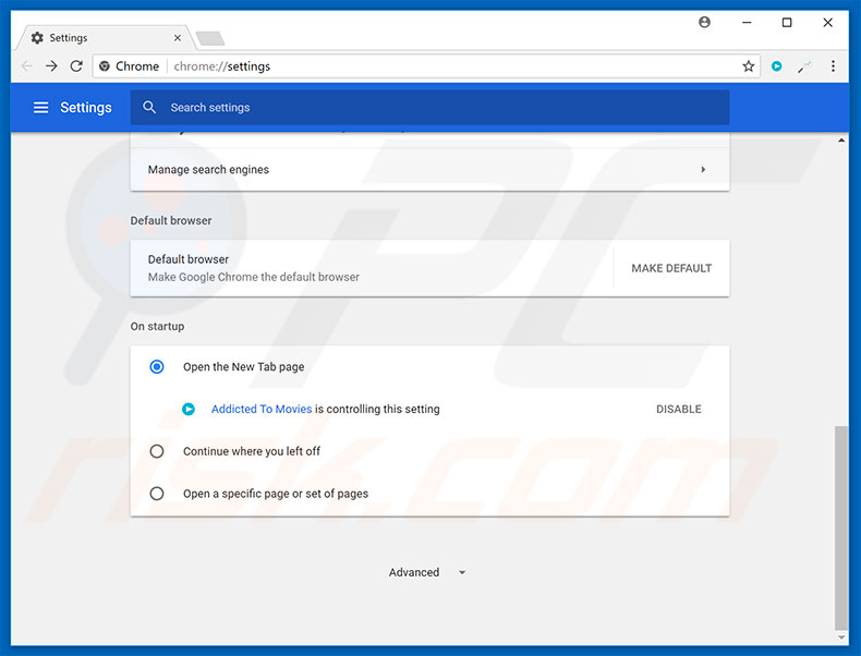 Removing search.addictedtomovies.co from Google Chrome homepage