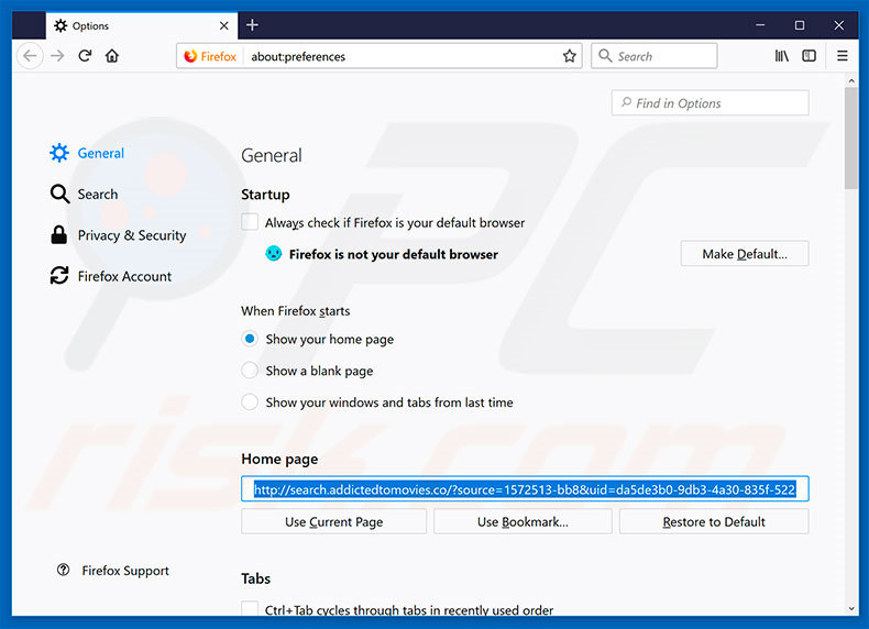 Removing search.addictedtomovies.co from Mozilla Firefox homepage