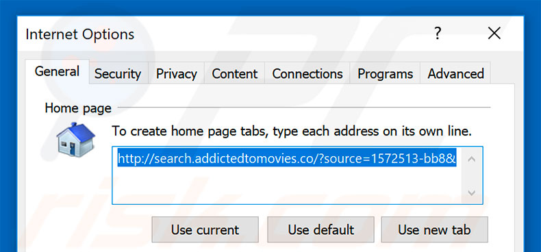 Removing search.addictedtomovies.co from Internet Explorer homepage