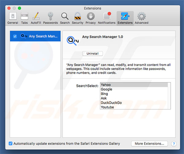 Any Search Manager browser hijacker Safari extensions