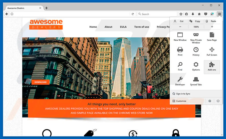 Removing Awesome Dealers ads from Mozilla Firefox step 1