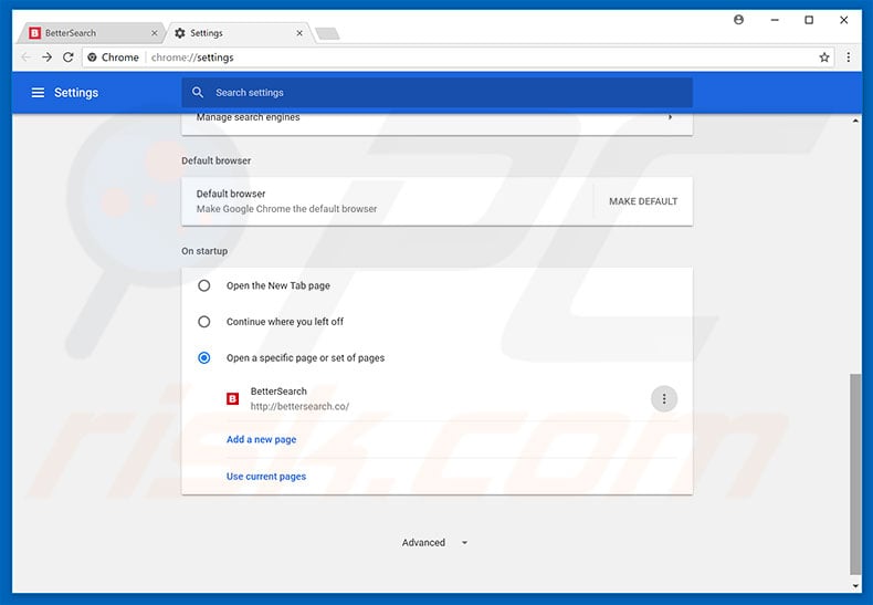 Removing bettersearch.co from Google Chrome homepage