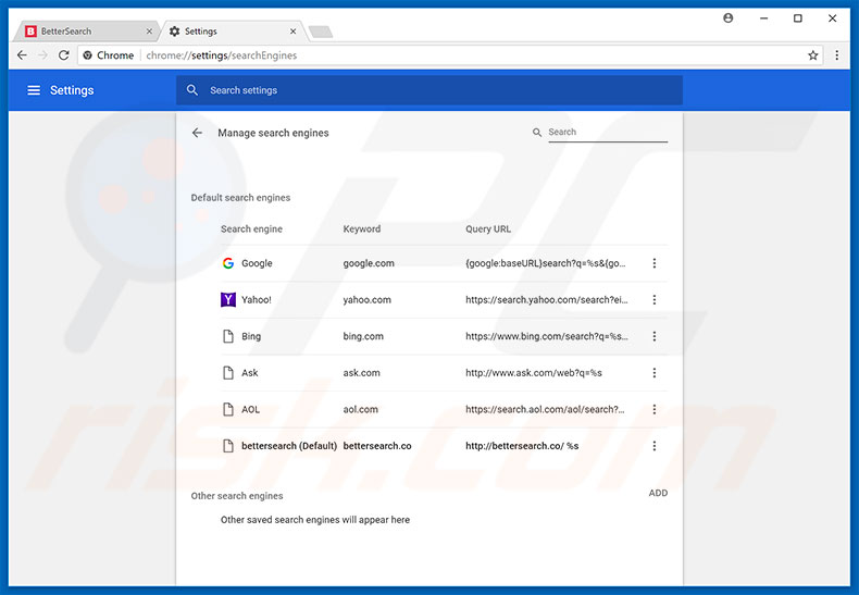 Removing bettersearch.co from Google Chrome default search engine