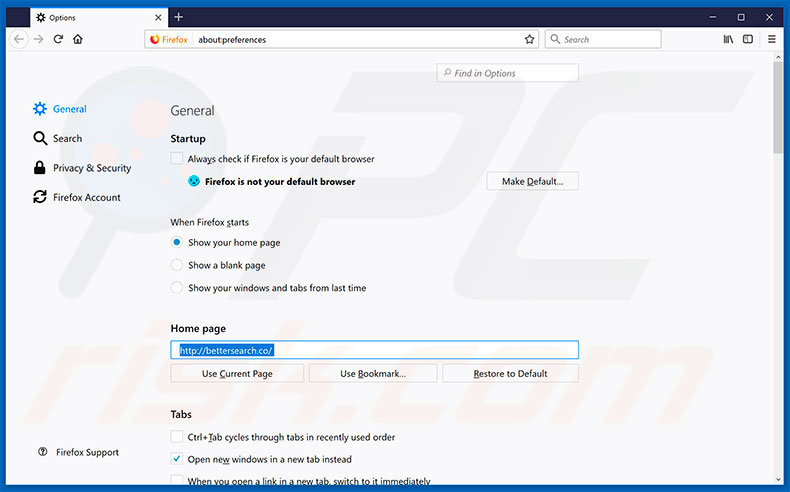Removing bettersearch.co from Mozilla Firefox homepage