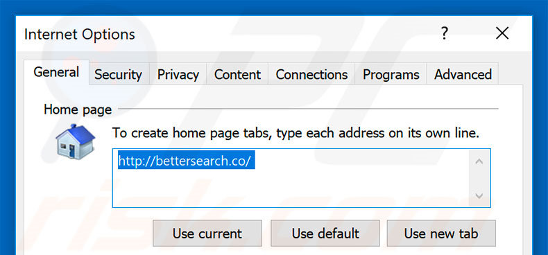 Removing bettersearch.co from Internet Explorer homepage