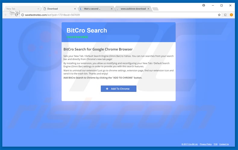 deceptive pop-up promoting bitcro.com browser hijacker