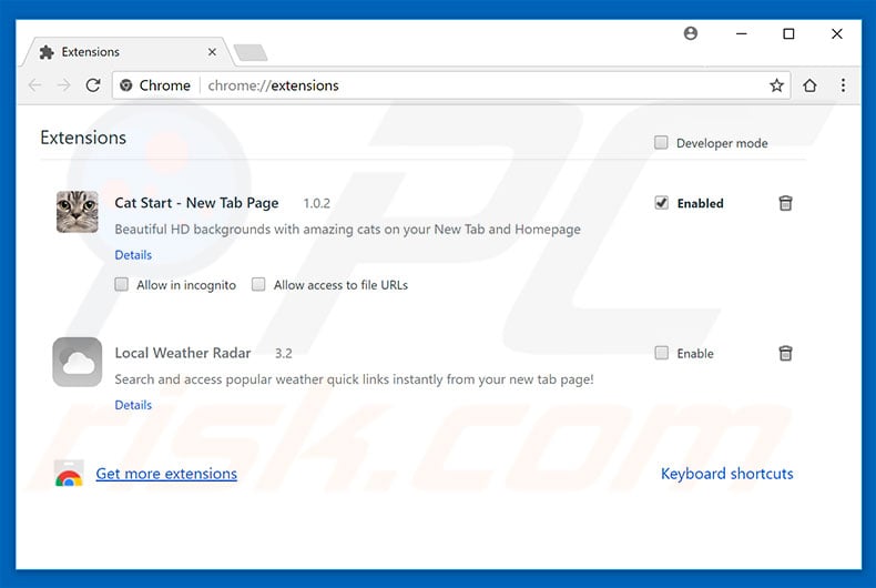 Removing catstart.com related Google Chrome extensions