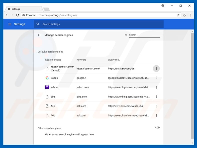 Removing catstart.com from Google Chrome default search engine