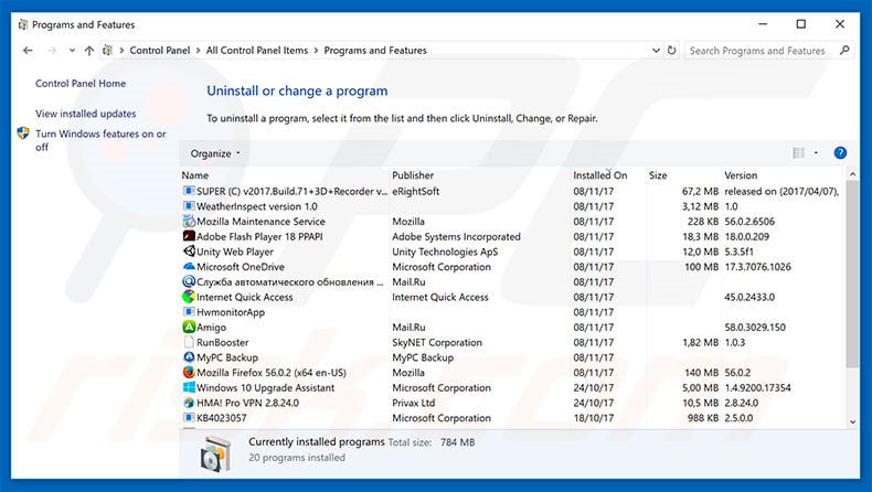 Check Weather adware uninstall via Control Panel