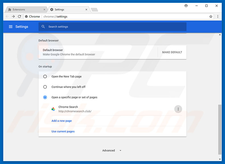 Removing chromesearch.club from Google Chrome homepage