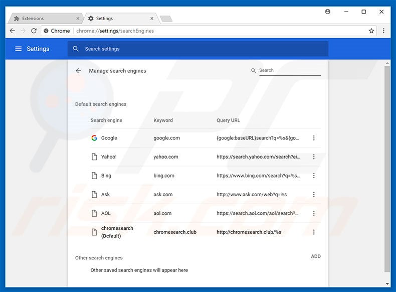 Removing chromesearch.club from Google Chrome default search engine