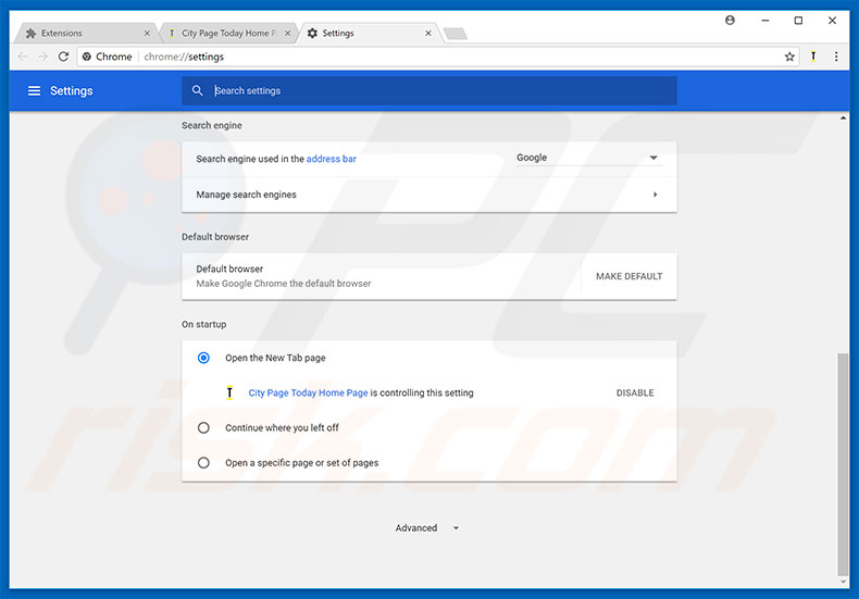 Removing citypage.today from Google Chrome homepage