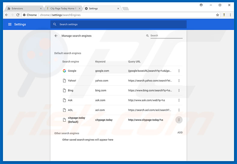 Removing citypage.today from Google Chrome default search engine