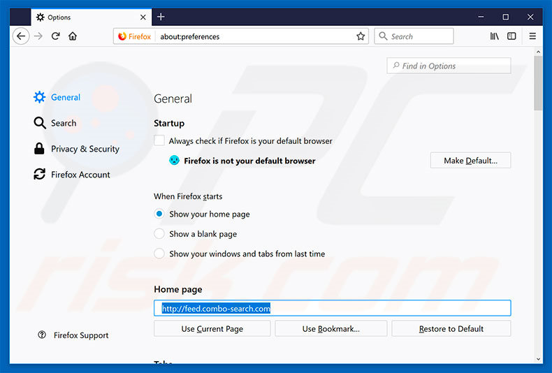 Removing feed.combo-search.com from Mozilla Firefox homepage
