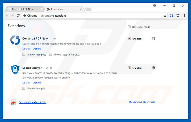 Removing search.hconvert2pdfnow.com related Google Chrome extensions