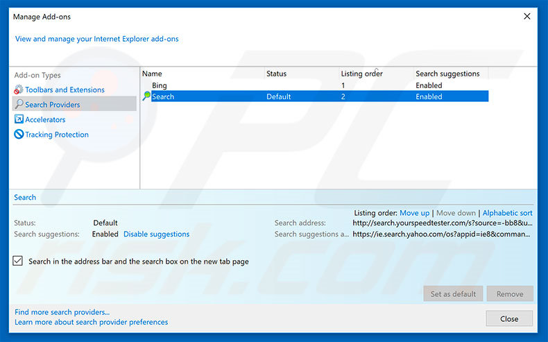 Removing search.yourspeedtester.com from Internet Explorer default search engine
