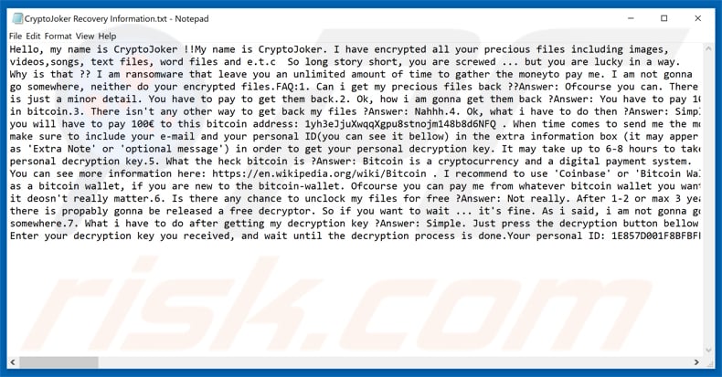 cryptojoker ransom demanding message