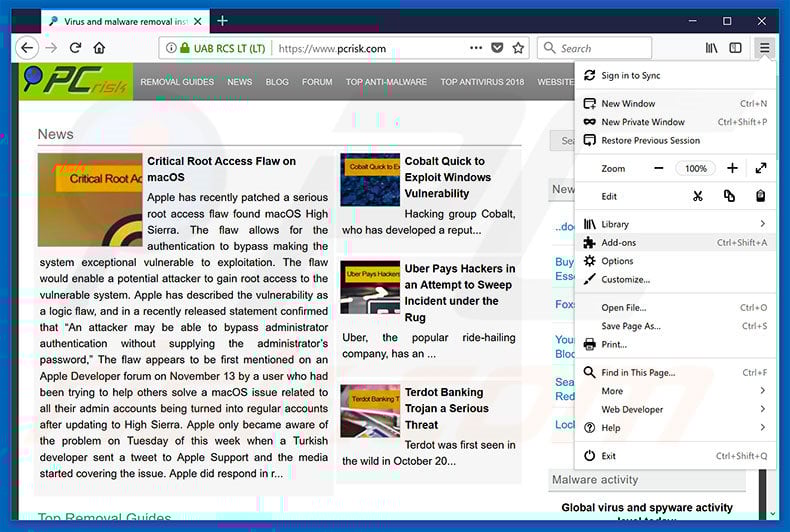 Removing Cyber Security ads from Mozilla Firefox step 1
