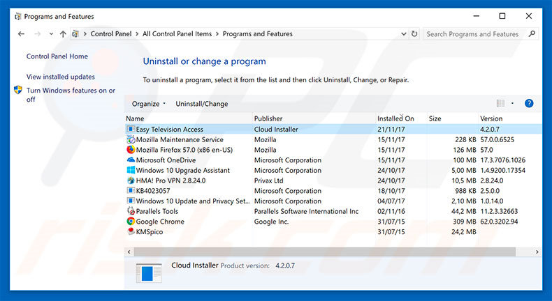 search.easytelevisionaccess.com browser hijacker uninstall via Control Panel