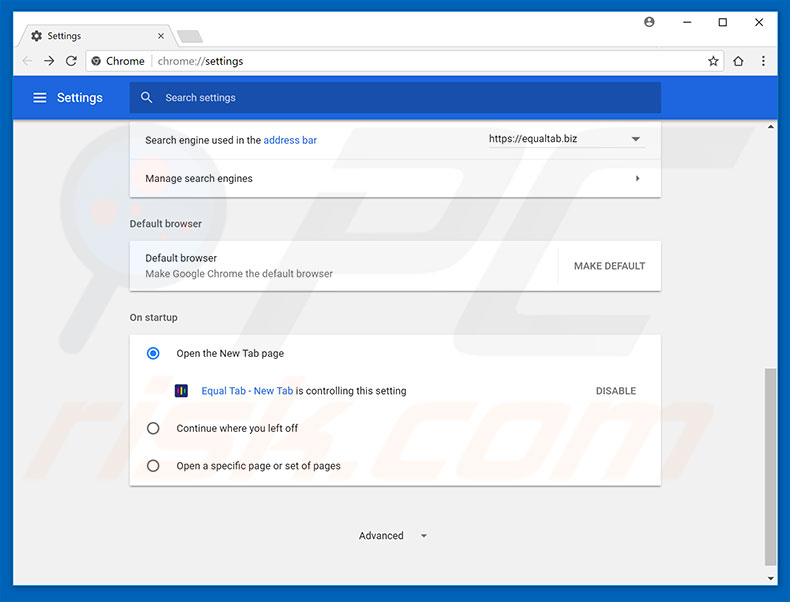 Removing equaltab.biz from Google Chrome homepage