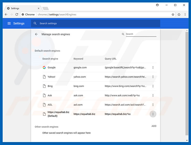 Removing equaltab.biz from Google Chrome default search engine