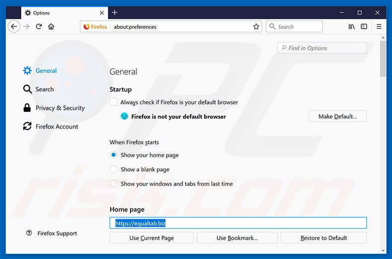 Removing equaltab.biz from Mozilla Firefox homepage