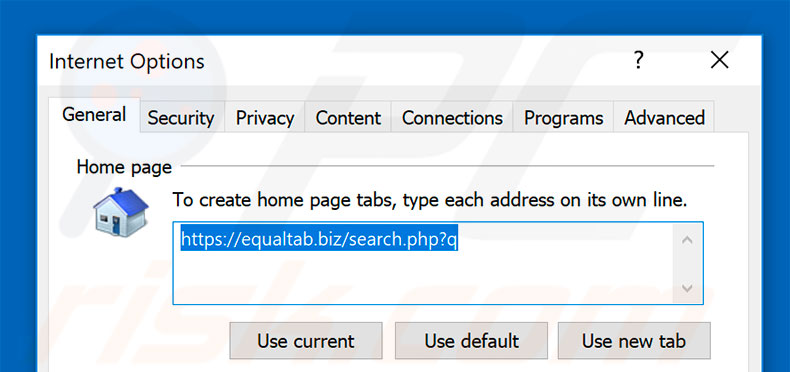 Removing equaltab.biz from Internet Explorer homepage