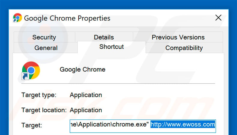 Removing ewoss.com from Google Chrome shortcut target step 2