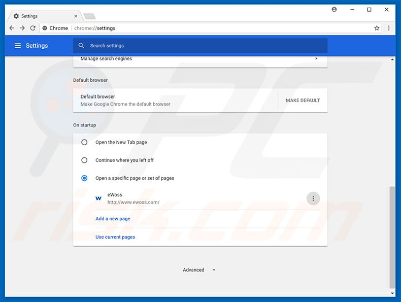 Removing ewoss.com from Google Chrome homepage