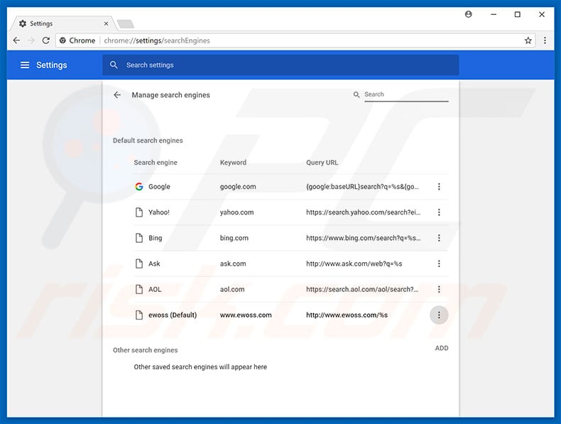 Removing ewoss.com from Google Chrome default search engine