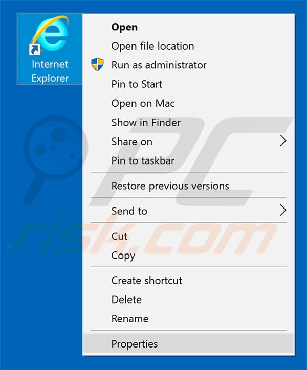 Removing ewoss.com from Internet Explorer shortcut target step 1