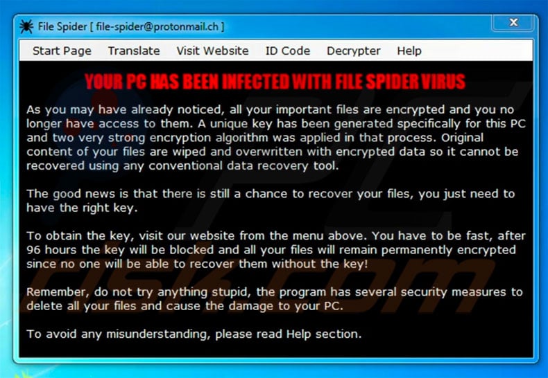 File Spider ransomware ransom note (dec.exe)