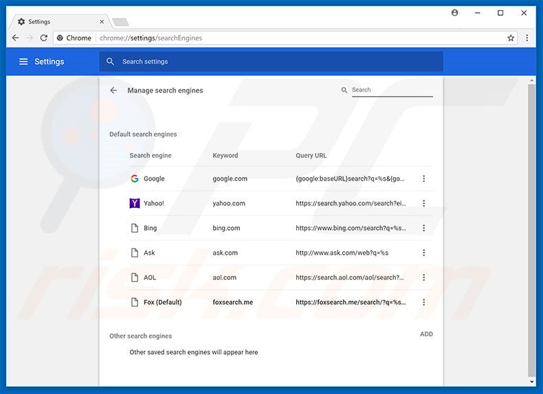Removing foxsearch.me from Google Chrome default search engine