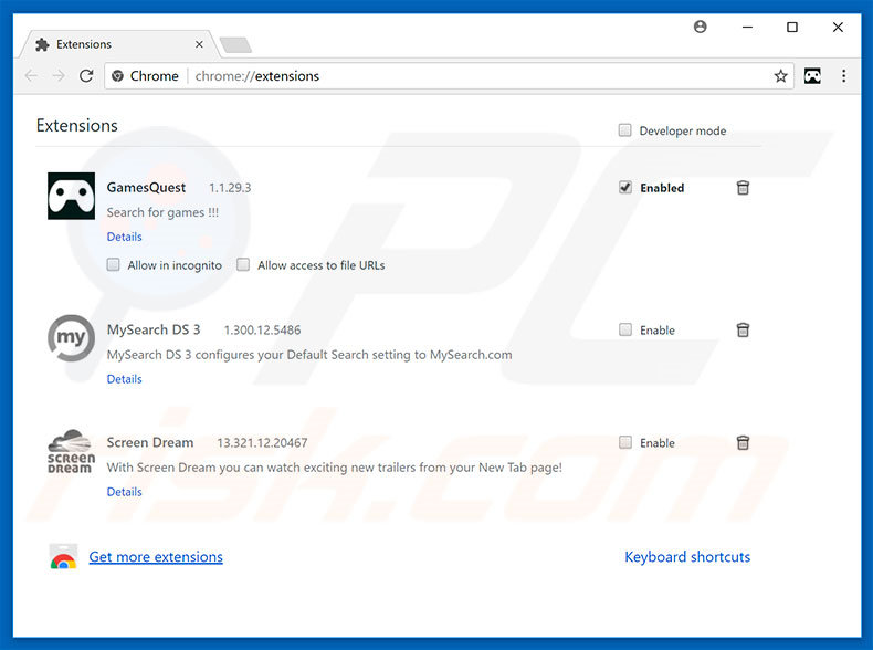 Removing gamesquest.co related Google Chrome extensions