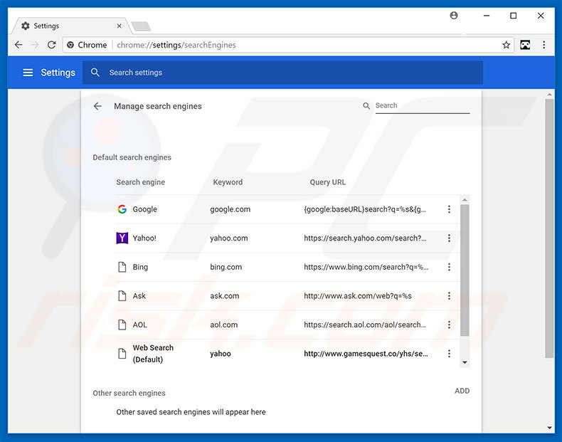 Removing gamesquest.co from Google Chrome default search engine
