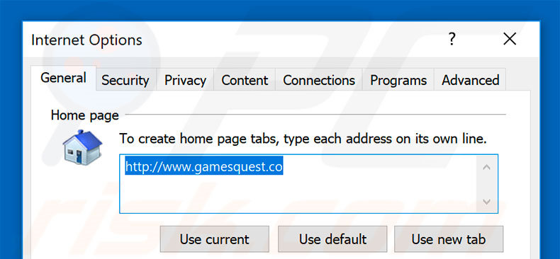 Removing gamesquest.co from Internet Explorer homepage