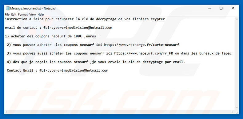 Hacking ransomware ransom note (Message_Important.txt)