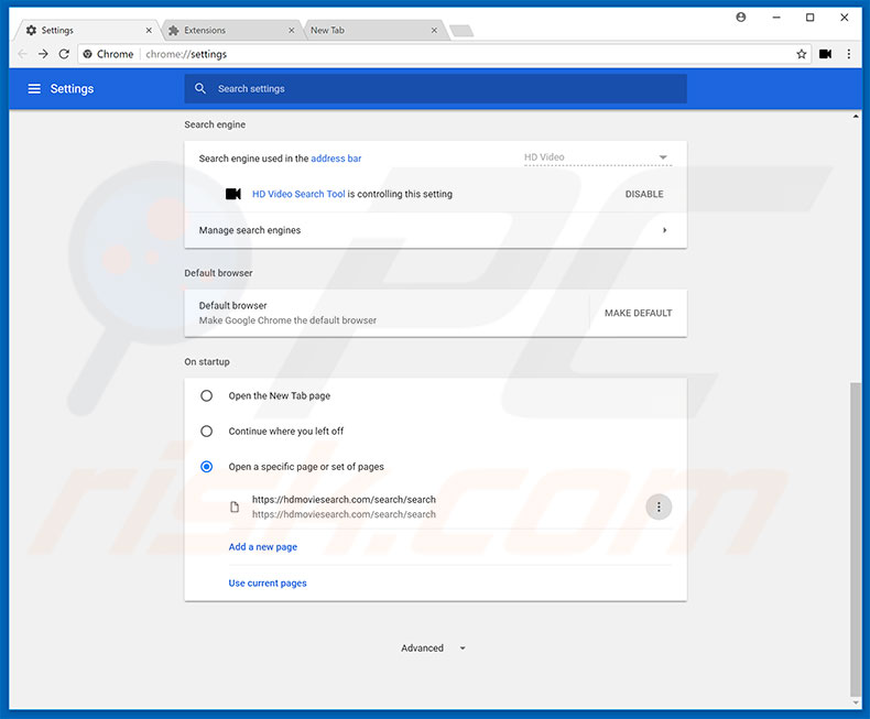 Removing hdmoviesearch.com from Google Chrome homepage