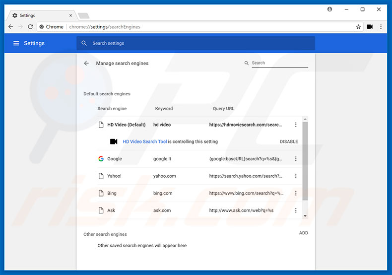 Removing hdmoviesearch.com from Google Chrome default search engine