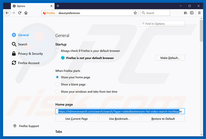 Removing hdmoviesearch.com from Mozilla Firefox homepage