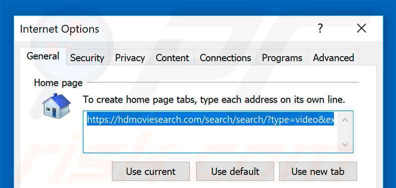 Removing hdmoviesearch.com from Internet Explorer homepage