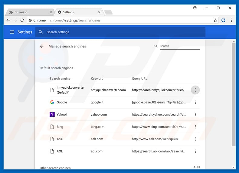 Removing search.hmyquickconverter.com from Google Chrome default search engine