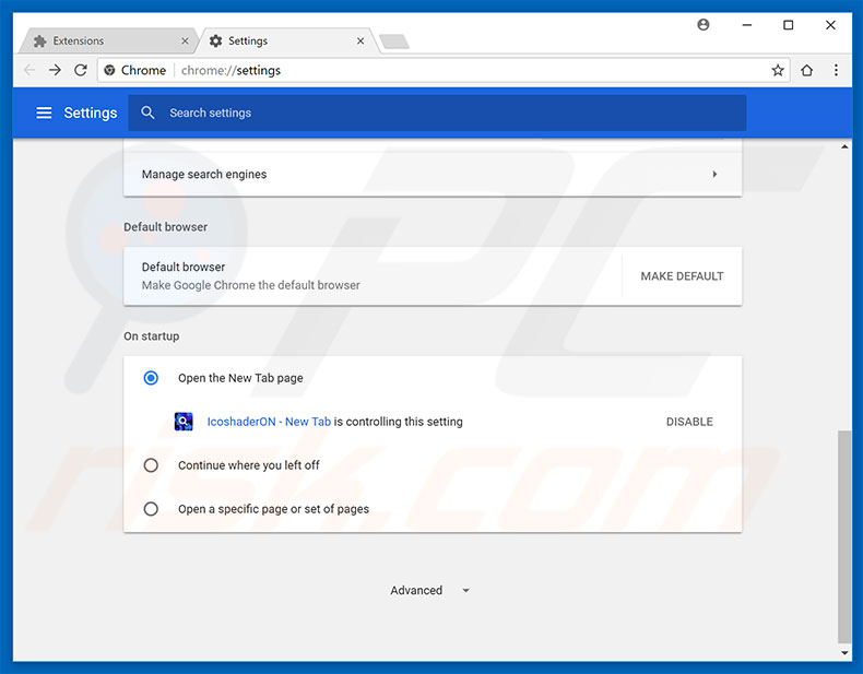 Removing icoshaderon.com from Google Chrome homepage