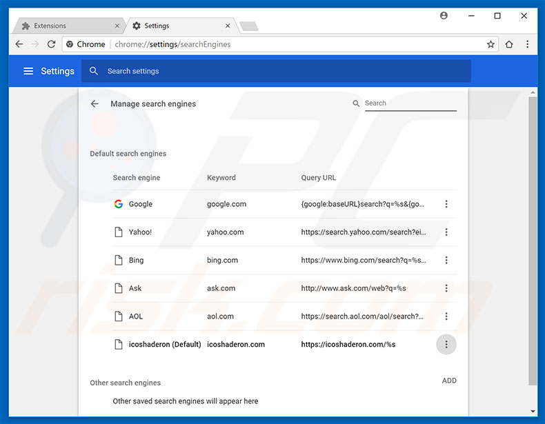 Removing icoshaderon.com from Google Chrome default search engine