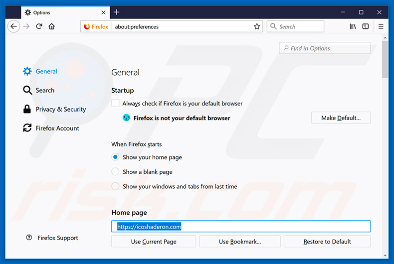 Removing icoshaderon.com from Mozilla Firefox homepage
